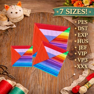 May include: Three colorful, geometric fabric squares with red, orange, purple, and blue stripes. The text "7 SIZES!" is displayed above the squares. Sewing notions, including thread spools and scissors, are scattered around the squares.