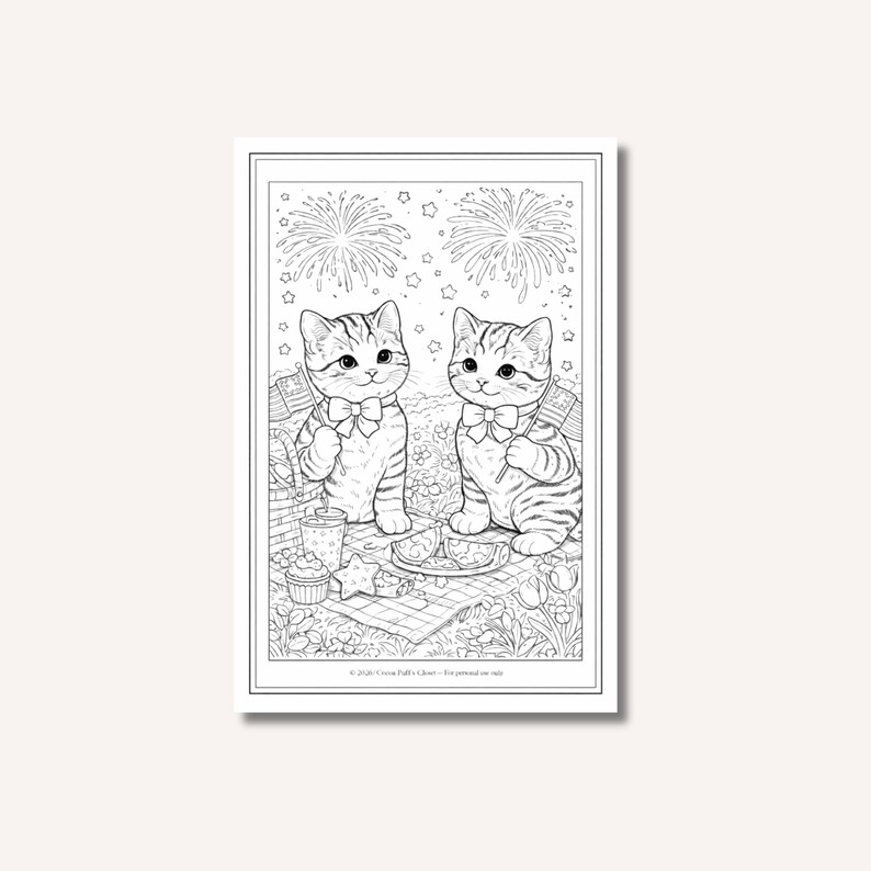May include: Black and white illustration of two kittens celebrating with fireworks and flags. The kittens are wearing bow ties and are surrounded by picnic items, including a star-shaped cookie and cupcakes. The image is a coloring page.