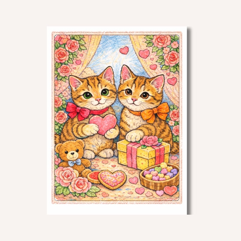 May include: A colorful illustration of two orange tabby cats with heart-shaped gifts. One cat holds a pink heart, and the other has a gift box. A teddy bear and heart-shaped cookie are also present, surrounded by roses and hearts.