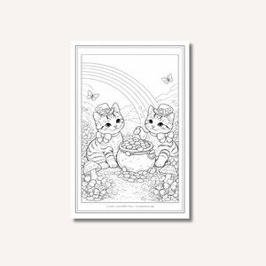 May include: Black and white illustration of two kittens wearing hats and bow ties, sitting near a pot of gold. A rainbow and butterflies are in the background. The image is a coloring page.