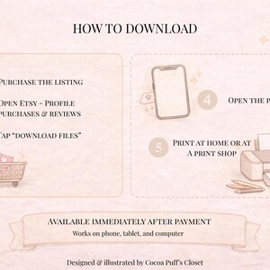 May include: Illustrated guide on how to download a digital product after purchase. The steps include purchasing the listing, opening the Etsy profile, tapping "download files", opening the PDF, and printing at home or a print shop. The product is available immediately after payment.