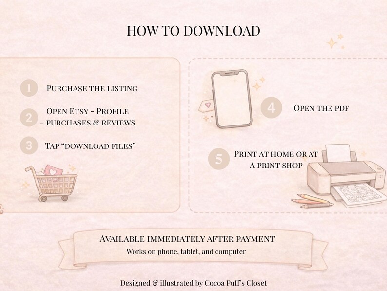 May include: Illustrated guide on how to download a digital product after purchase. The steps include purchasing the listing, opening the Etsy profile, tapping "download files", opening the PDF, and printing at home or a print shop. The product is available immediately after payment.