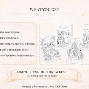 May include: Digital download of seven printable coloring pages featuring cat illustrations. The pages are US Letter size (8.5 x 11 in) and suitable for markers, crayons, and pencils. The image includes the text "WHAT YOU GET" and "DIGITAL DOWNLOAD - PRINT AT HOME".