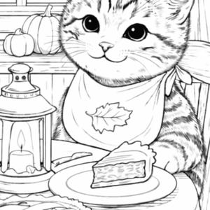 May include: Black and white illustration of a tabby cat wearing a bib with a leaf design. The cat is seated at a table with a slice of pie on a plate, a lit candle lantern, and pumpkins. A pie is also on the table.
