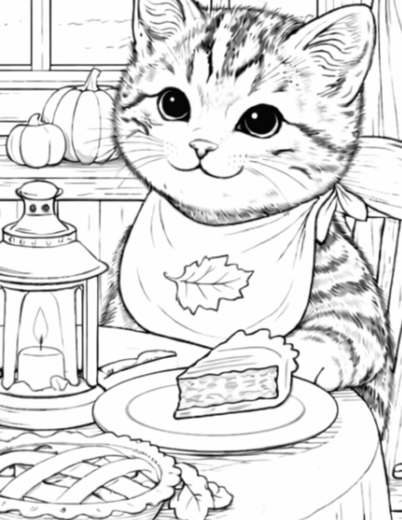 May include: Black and white illustration of a tabby cat wearing a bib with a leaf design. The cat is seated at a table with a slice of pie on a plate, a lit candle lantern, and pumpkins. A pie is also on the table.