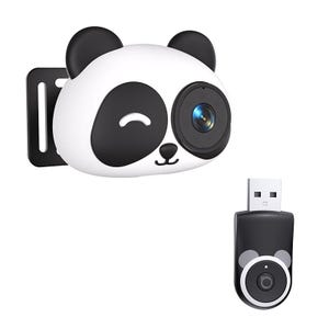 May include: A white and black panda-shaped camera with a USB drive. The camera has a winking eye and a lens. The USB drive is black with a panda face design. The camera has a mounting bracket.