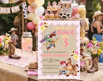 Pink Girl Toy Story Woody-verjaardagsuitnodiging voor verjaardagsfeestje