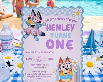 Uitnodiging 1e verjaardag blauwe hond (2 opties voor 1) | Poolparty | Waterglijbaanfeest