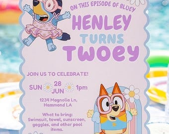 2歳の誕生日 ブルードッグ招待状 | プールパーティー | ウォータースライダーパーティー