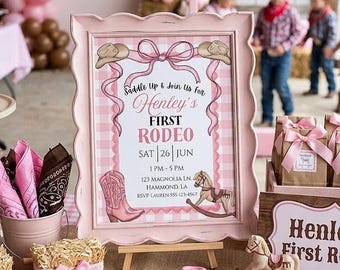 Eerste rodeo-verjaardagsuitnodiging | Afdrukbare roze pastel cowgirl-uitnodiging | Bewerkbare canvassjabloon