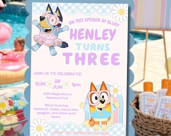 Uitnodiging 3e verjaardag blauwe hond (2 voor de prijs van 1) - poolparty - waterslide party