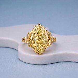 2.30 Ct Yellow Marquise Diamond Ring, Lab Grown Fancy Yellow Engagement Ring, Vintage Gold Art Deco Ring, Unique Statement Bridal Ring