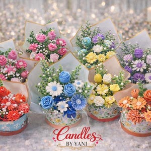 May include: A collection of colorful floral arrangements in decorative containers. The bouquets feature roses, daisies, and other flowers in shades of pink, blue, yellow, orange, and purple. The arrangements are wrapped in paper and set against a blurred background.