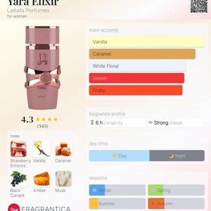K&ouml;nnte beinhalten: Ein Parf&uuml;mflakon namens "Yara Elixir" von Lattafa Perfumes, in einem staubigen Rosaton mit goldenen Details. Das Bild zeigt Duftnoten wie Erdbeere, Vanille und Karamell. Das Duftprofil weist eine Haltbarkeit von 6 Stunden auf.