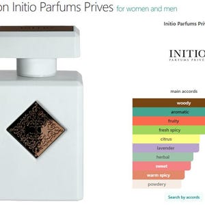 Op de afbeelding: Witte rechthoekige parfumfles met een geometrisch ontwerp en een donkerbruine dop. De fles heeft een decoratief embleem op de voorkant. De afbeelding bevat ook het Initio Parfums Prives logo en een grafiek van geurakkoorden.