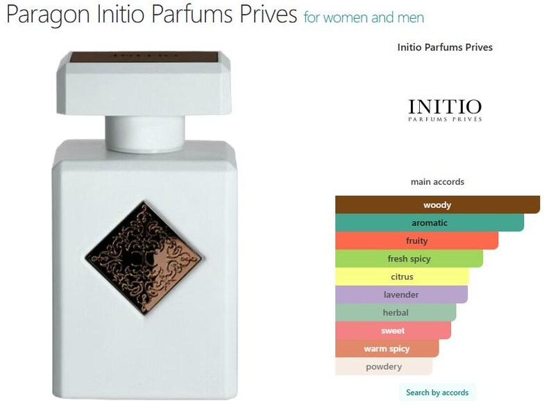 Op de afbeelding: Witte rechthoekige parfumfles met een geometrisch ontwerp en een donkerbruine dop. De fles heeft een decoratief embleem op de voorkant. De afbeelding bevat ook het Initio Parfums Prives logo en een grafiek van geurakkoorden.