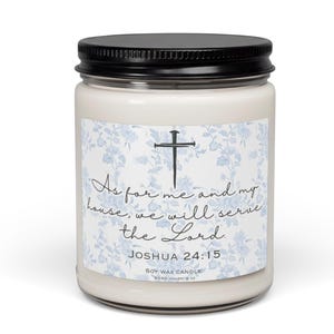 Vela cristiana de regalo con versículo bíblico para decoración del hogar: Josué 24:15. Vela de soja con escritura religiosa.