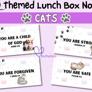 Könnte beinhalten: Ein Set von 80 thematischen Lunchbox-Notizen zum Thema Katzen. Jede Karte enthält eine andere Botschaft, wie "Du bist ein Kind Gottes" und "Du bist stark", zusammen mit einem Bibelvers und einer Katzenillustration.