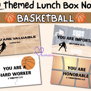 Op de afbeelding: Een verzameling lunchboxbriefjes met basketbalthema. De briefjes tonen illustraties van basketbalvelden en motiverende zinnen als "Je bent waardevol" en "Je bent belangrijk". De afbeelding bevat de tekst "80 Themed Lunch Box Notes" en "BASKETBALL".