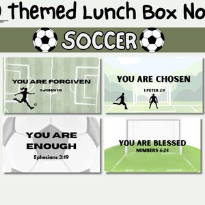 Puede incluir: Un conjunto de 80 notas temáticas para loncheras con temática de fútbol. Las notas presentan gráficos de balones de fútbol y mensajes inspiradores como "You Are Forgiven" y "You Are Chosen" con versículos bíblicos. Diseñado para niños.