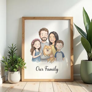 May include: A framed family portrait featuring a family of four and a dog. The artwork is in a watercolor style, with the words "Our Family" written in cursive at the bottom. The frame is made of light-colored wood.