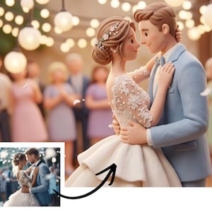 May include: A wedding cake topper featuring a bride and groom in a tender embrace. The bride wears a white gown with floral lace sleeves, and the groom is in a light blue suit. The background shows a wedding reception with string lights.