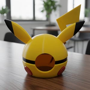 May include: A yellow spherical container featuring two long ears with black tips, a central circular opening, a horizontal black band, and two small red circular accents on the lower sides, resembling a stylized character head.