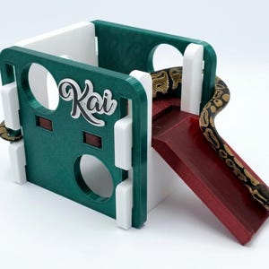 May include: A green and white modular reptile climbing structure featuring circular cutouts and a red slide. The name Kai is printed in white script on the front panel. A brown and black patterned snake is positioned on the structure.
