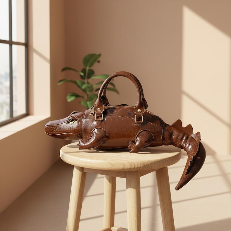 May include: A brown leather handbag shaped like an alligator, with a handle and decorative details. The bag is placed on a small wooden stool in a well-lit room. The alligator bag has a textured pattern and a tail.