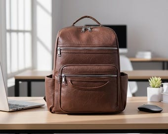 Vintage Leather Backpack, Multi Pocket Travel Laptop Bag, Black Brown White Tote