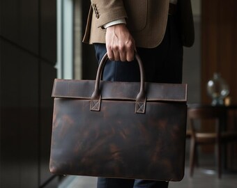 Men's Top Grain Cowhide Leather Briefcase, Slim Laptop Bag, Office Travel Style