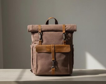 Large Canvas Roll-Top Backpack, Casual Travel Daypack, School Work Bag