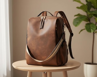 Waterproof PU Leather Laptop Backpack, Anti-Theft Travel Bag