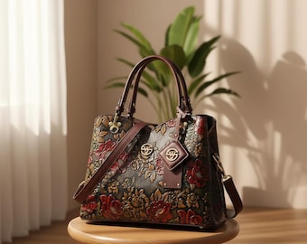 Vintage Floral PU Leather Tote Bag, Applique Shoulder Bag