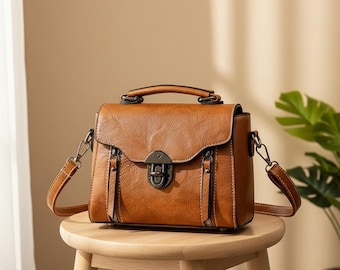 Vintage Square Satchel, PU Leather Crossbody Bag, Work Office Purse