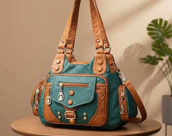 Vintage Leather Tote Bag Large Shoulder Handbag for Women Soft Crossbody Purse Work Office Everyday Carryall