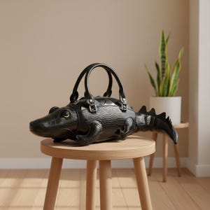 May include: A black alligator-shaped handbag with two top handles, a zipper closure, and a textured, scaly pattern. The bag is made of leather-like material and sits on a small wooden stool. The bag's design includes a tail and a head with yellow eyes.