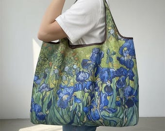Large Floral Tote Bag, Van Gogh Irises Print Shoulder Bag, Everyday Canvas Carryall