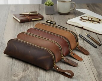 Vintage Leather Pencil Case, Zippered Pen & Glasses Pouch