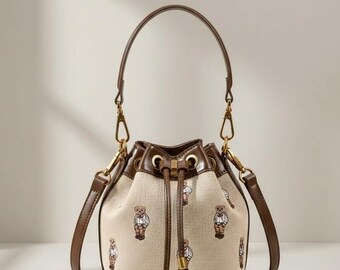 Embroidered Teddy Bear Bucket Bag, Drawstring Crossbody Purse, Adjustable Strap Handbag