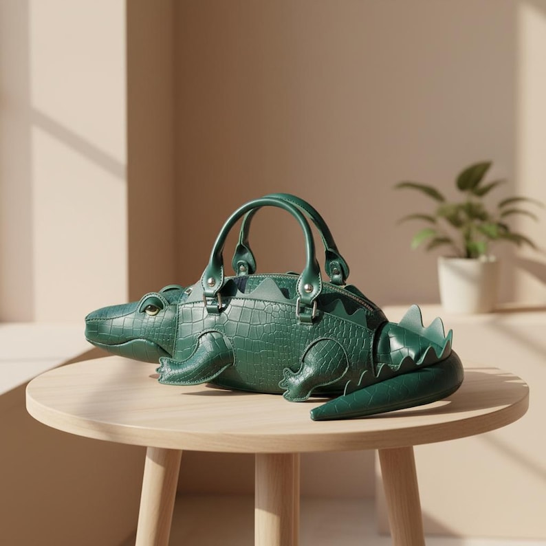 May include: A unique, green alligator-shaped handbag with two top handles. The bag features a textured, crocodile-like pattern and is designed with a head, body, and tail, resting on a wooden table. The bag has a zipper closure.