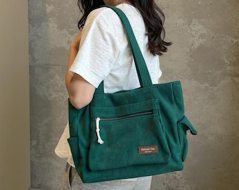 Corduroy Tote Bag, Retro Style Shoulder Bag, Multi Pocket Commute Purse