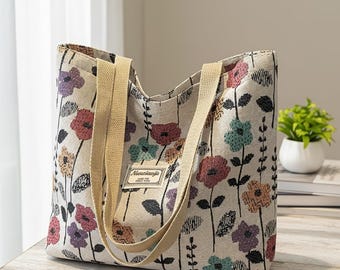 Bohemian Floral Corduroy Tote Bag, Large Capacity Shoulder Bag