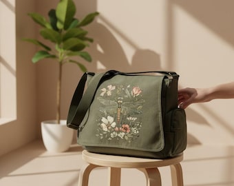 Dragonfly Print Canvas Messenger Bag, Large Capacity Crossbody Tote