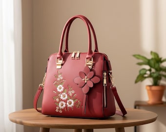 Embroidered Floral PU Leather Handbag, Tassel Crossbody Bag