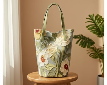 Floral Oxford Bucket Bag, Oil Painting Flower Print Tote