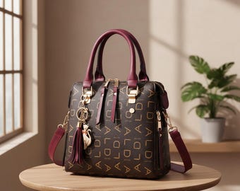 Letter Print PU Leather Tote Bag, Tassel Charm