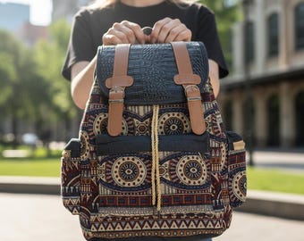 Printed Canvas Backpack, Bohemian National Pattern, Teen Travel Rucksack
