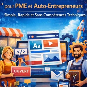 Può includere: Annuncio illustrato che promuove la creazione di siti web professionali per piccole imprese e imprenditori. L'immagine presenta uno schermo di computer che mostra un design di sito web, un razzo e il testo "Créer un Site Internet Professionnel". Una donna tiene in mano un cartello "OUVERT".