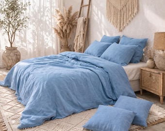 Boho Sky Blue Linen Duvet Cover with Pillow Set, Soft Washed Breathable Bedding, Stonewashed Linen Duvet Cover, Luxury Cozy Comforter Cover
